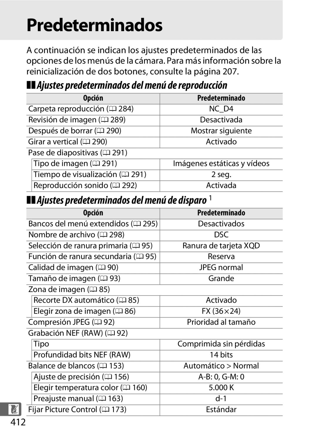 Nikon SB1L01 manual Predeterminados, Ajustes predeterminados del menú de reproducción, 412, Opción Predeterminado 