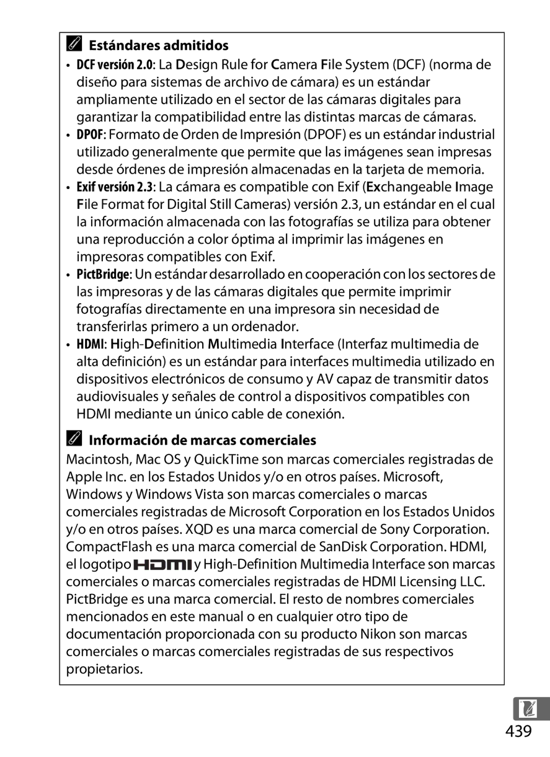 Nikon SB1L01 manual 439, Estándares admitidos, Información de marcas comerciales 