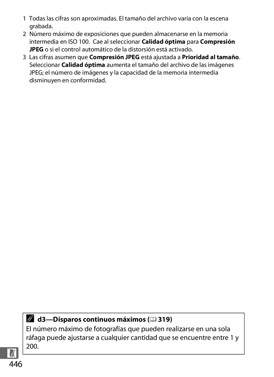 Nikon SB1L01 manual 446, D3-Disparos continuos máximos 0 