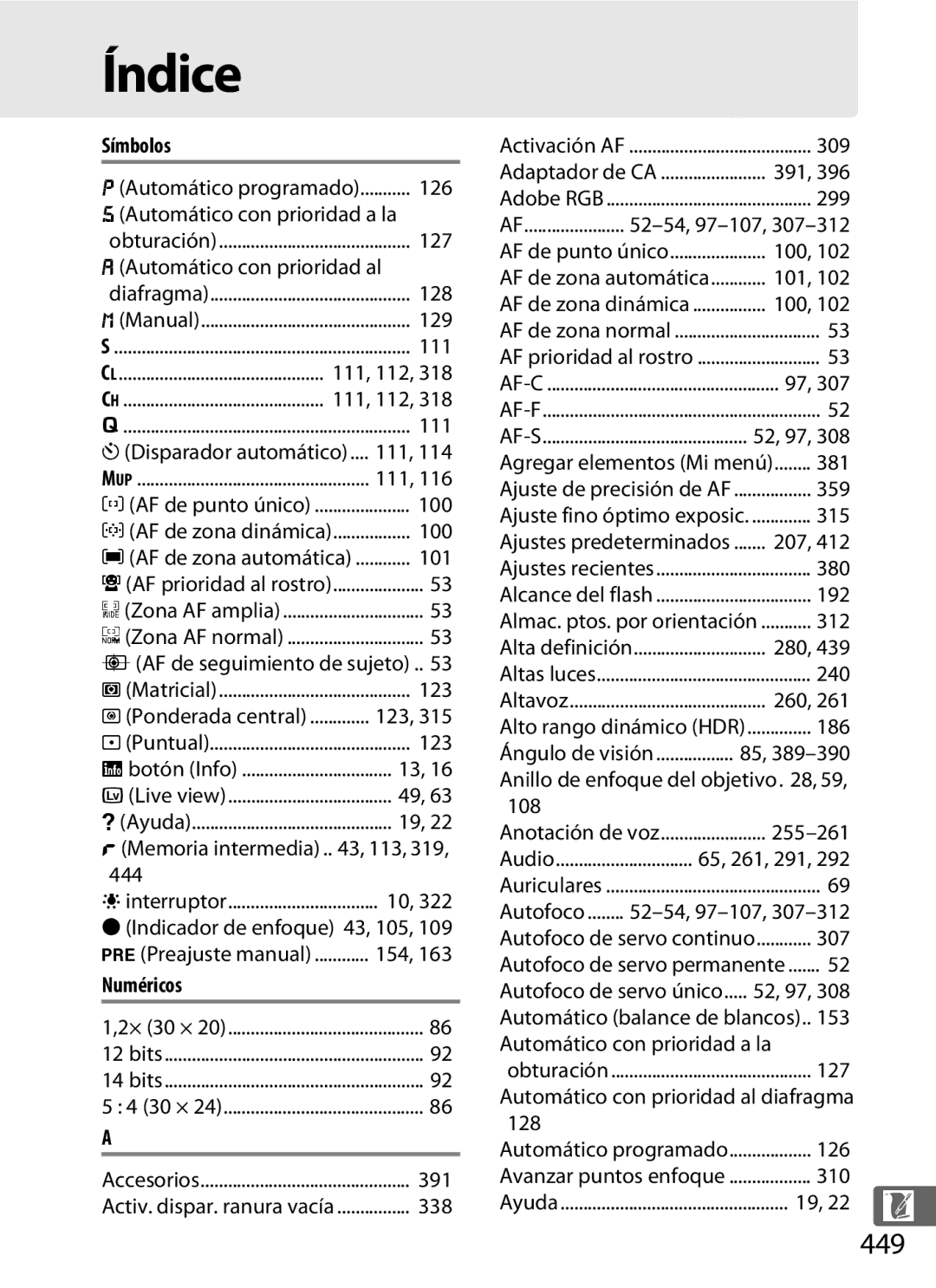 Nikon SB1L01 manual Índice, 449, Símbolos, Numéricos 