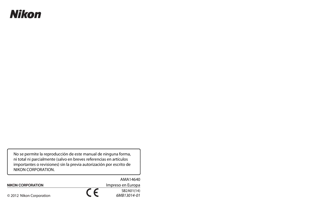 Nikon SB1L01 manual AMA14640 Impreso en Europa, SB2A0114 