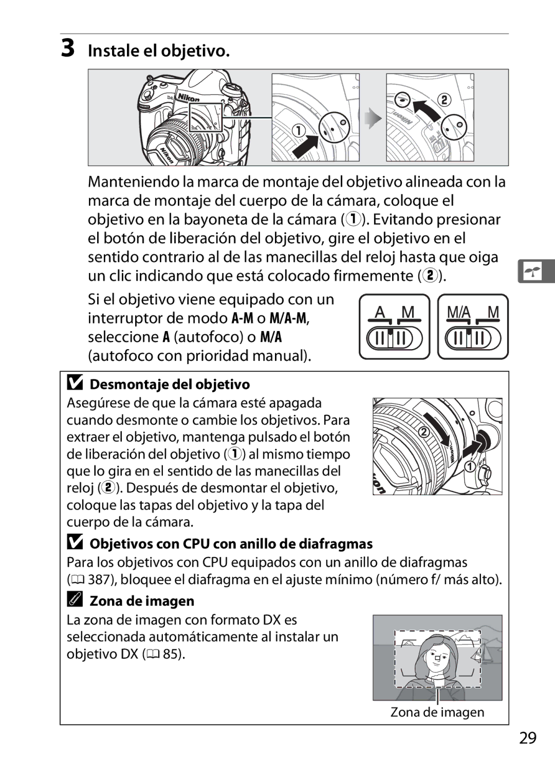 Nikon SB1L01 Instale el objetivo, Desmontaje del objetivo, Objetivos con CPU con anillo de diafragmas, Zona de imagen 