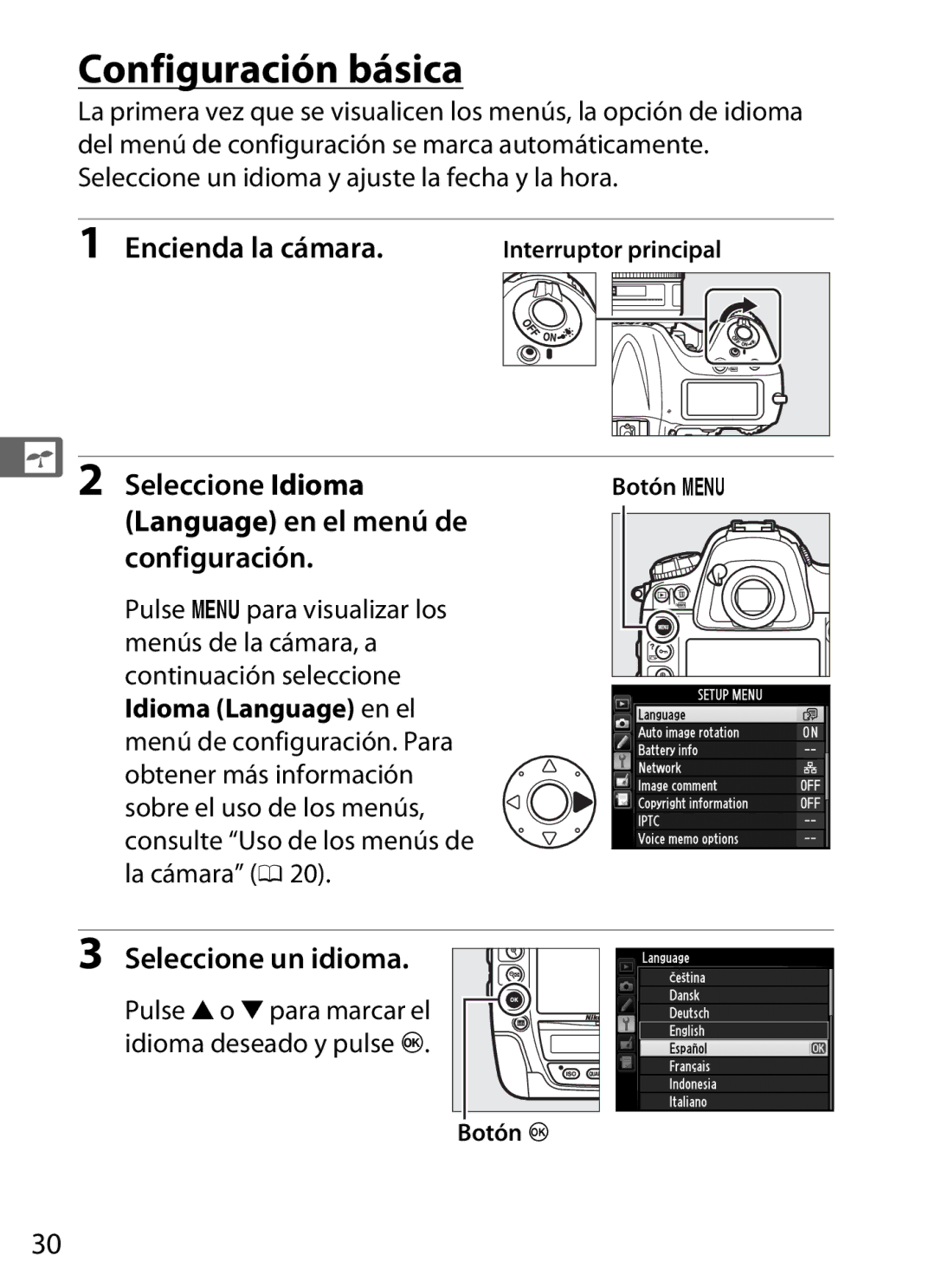 Nikon SB1L01 manual Configuración básica, Encienda la cámara, Seleccione Idioma Language en el menú de configuración 