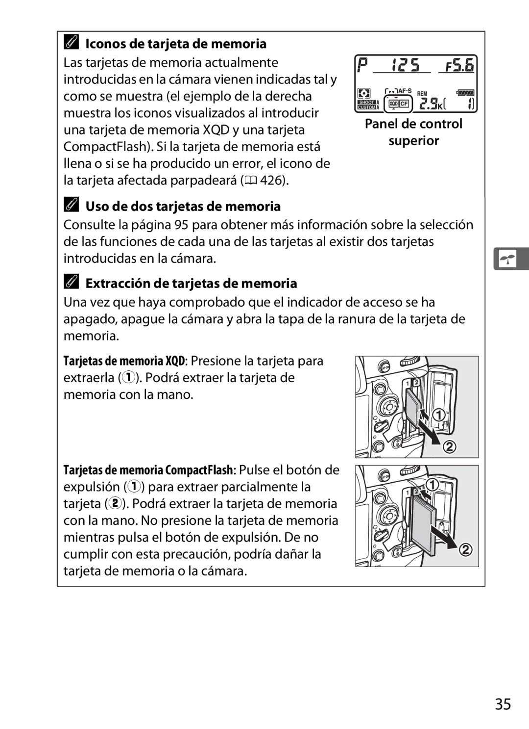 Nikon SB1L01 manual Uso de dos tarjetas de memoria Panel de control Superior, Extracción de tarjetas de memoria 