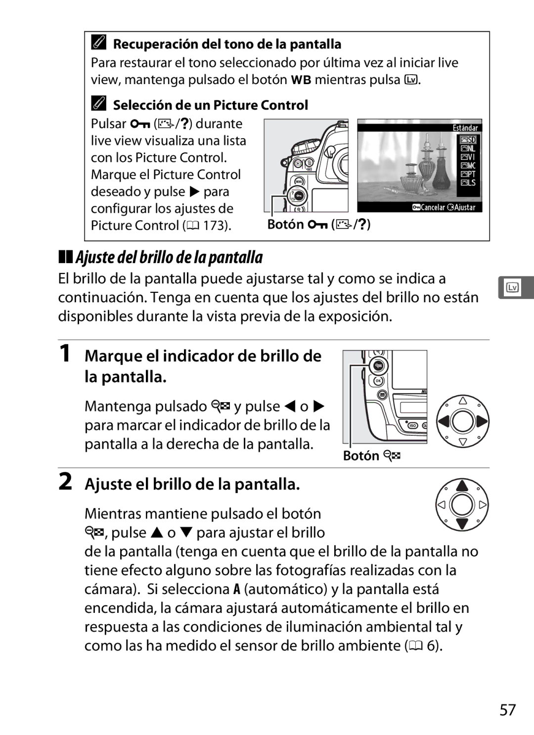 Nikon SB1L01 manual Ajuste del brillo de la pantalla, Marque el indicador de brillo de la pantalla 