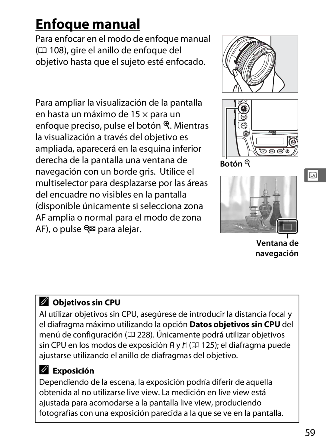 Nikon SB1L01 Enfoque manual, Objetivos sin CPU, Botón, Ventana de navegación 