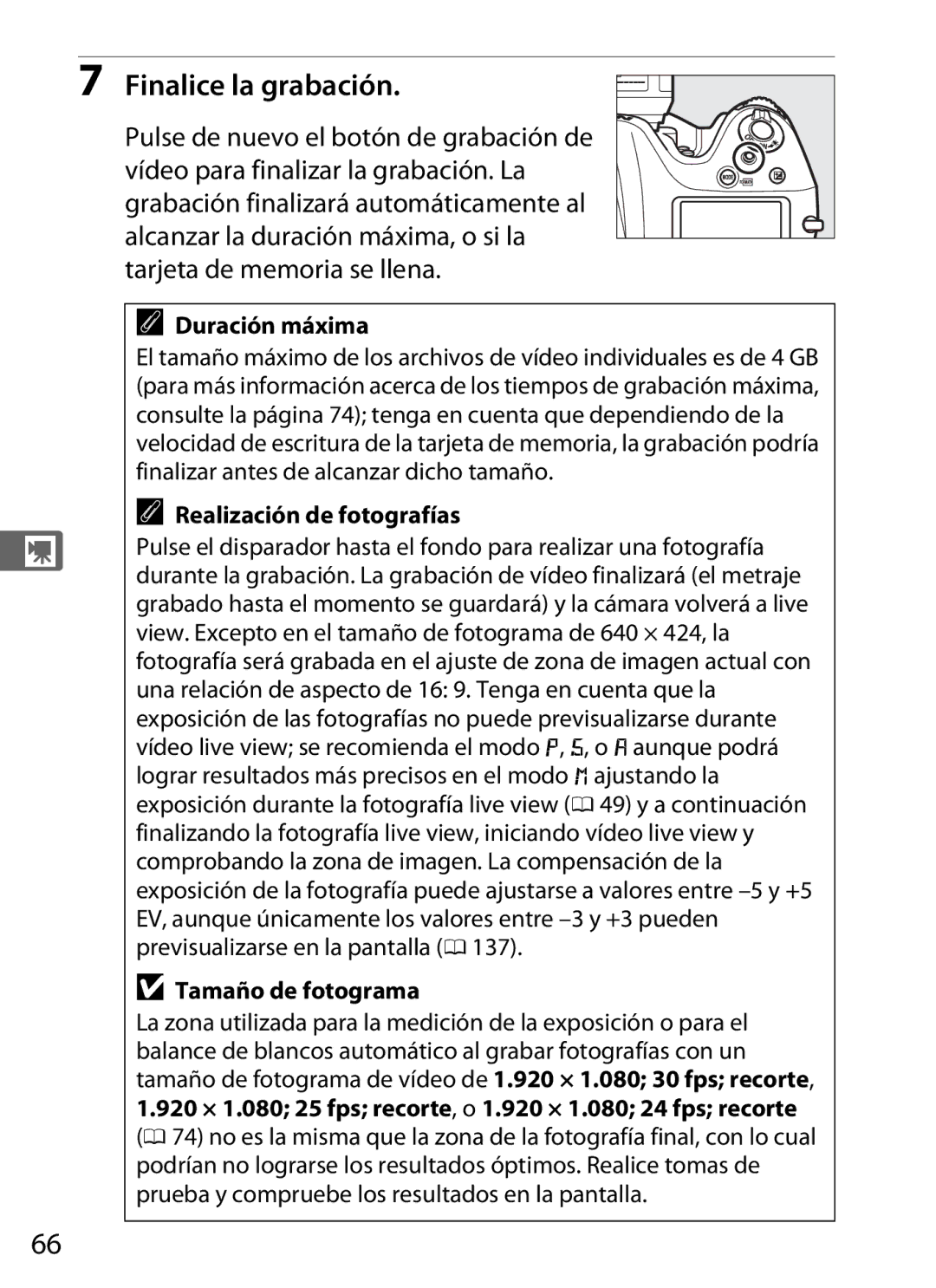 Nikon SB1L01 manual Finalice la grabación, Duración máxima, Realización de fotografías, Tamaño de fotograma 