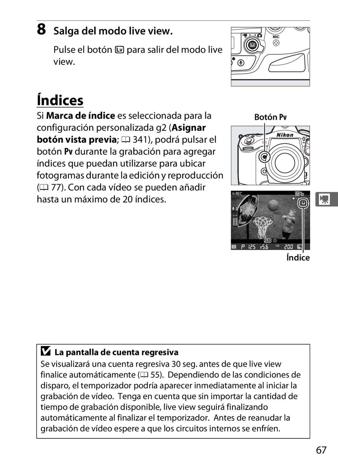 Nikon SB1L01 manual Índices, Si Marca de índice es seleccionada para la, Botón Pv, Índice La pantalla de cuenta regresiva 