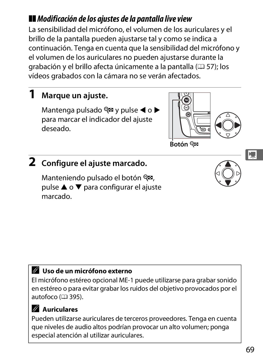 Nikon SB1L01 manual Modificación de los ajustes de la pantalla live view, Marque un ajuste, Configure el ajuste marcado 