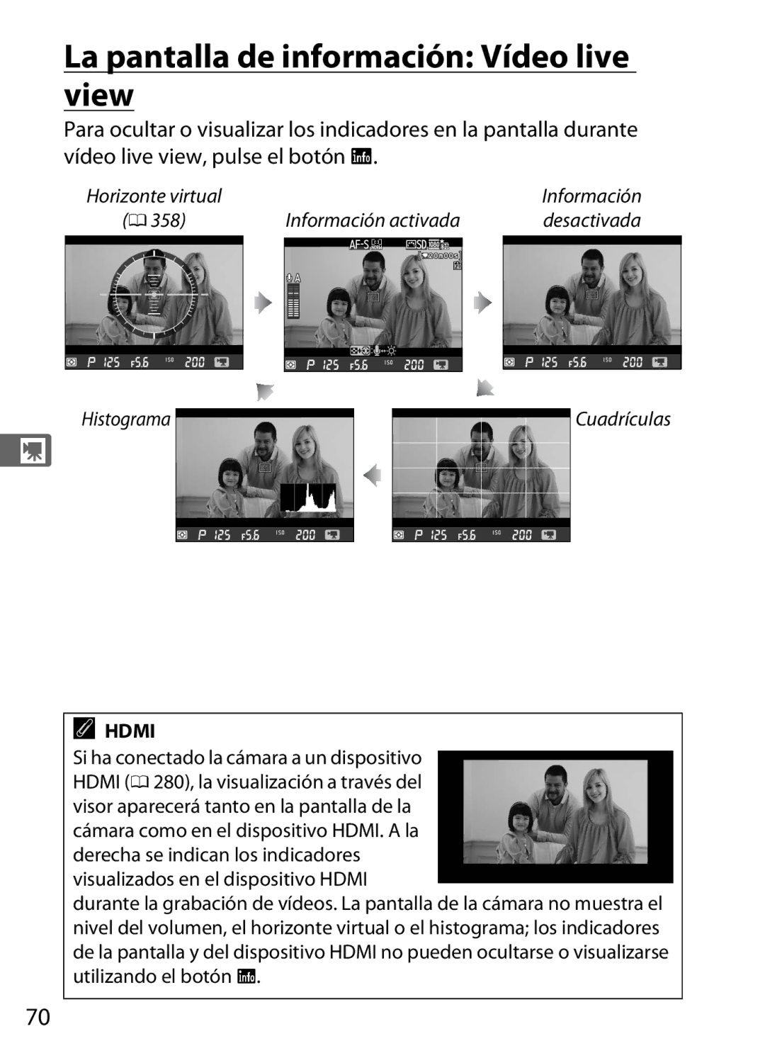 Nikon SB1L01 manual La pantalla de información Vídeo live view, Hdmi 