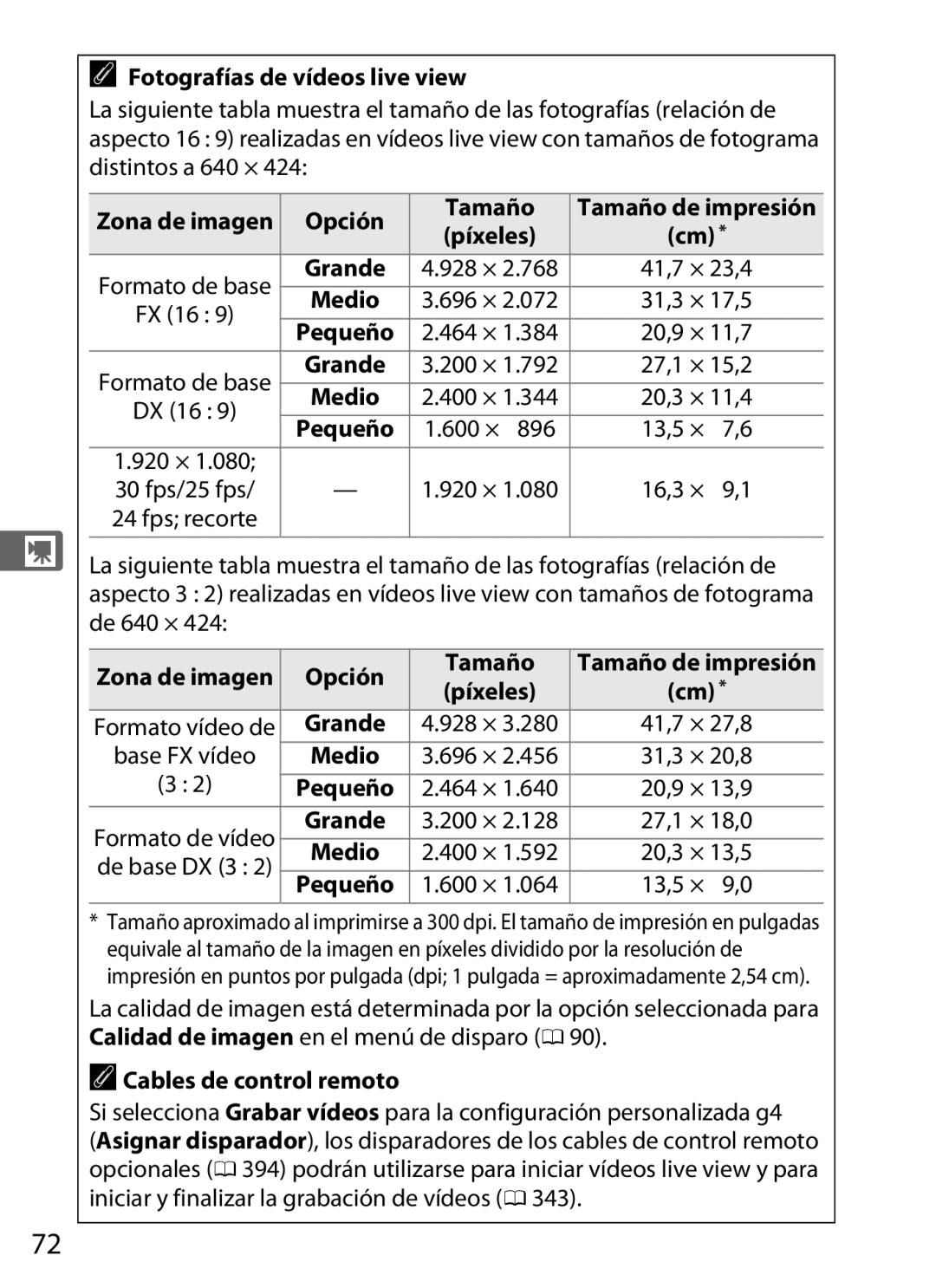 Nikon SB1L01 manual Fotografías de vídeos live view, Opción Tamaño, Píxeles, Medio, ACables de control remoto 