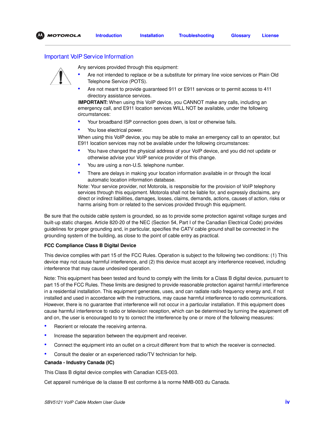 Nikon SBV5121 manual Important VoIP Service Information, FCC Compliance Class B Digital Device, Canada Industry Canada IC 