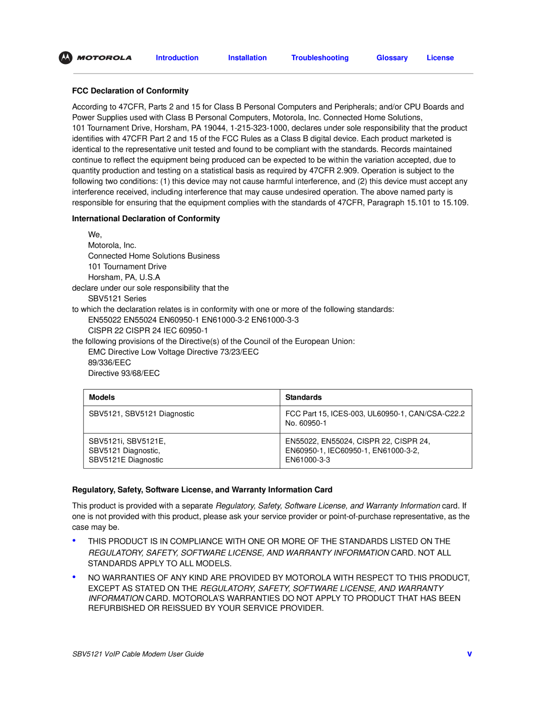 Nikon SBV5121 manual FCC Declaration of Conformity, International Declaration of Conformity, Models Standards 