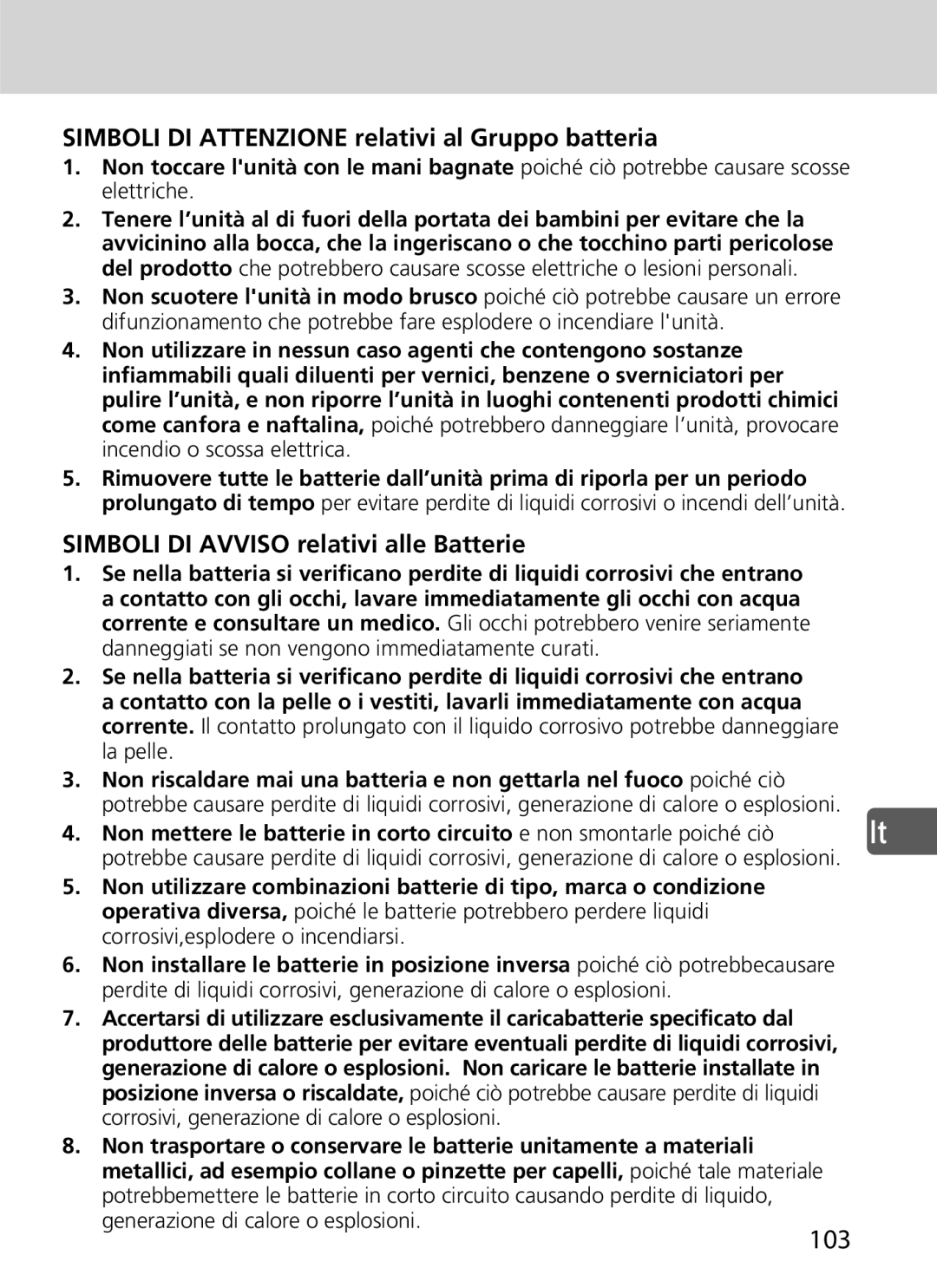 Nikon SD-9 user manual Simboli DI Attenzione relativi al Gruppo batteria, Simboli DI Avviso relativi alle Batterie 