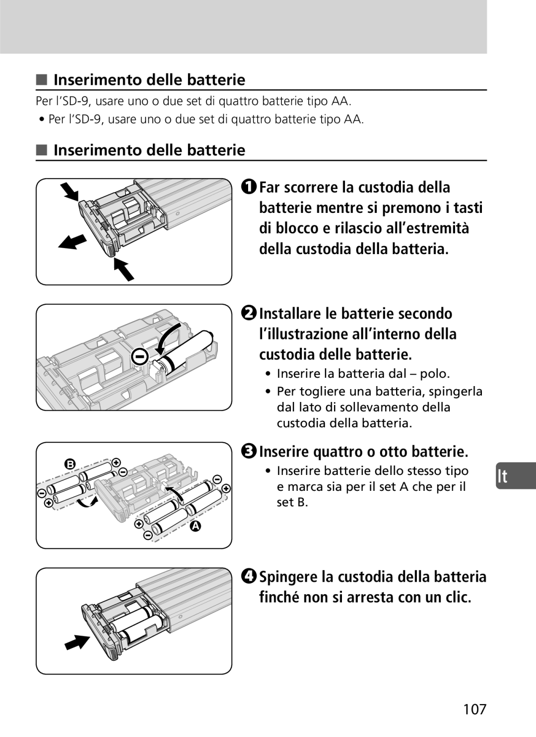 Nikon SD-9 user manual Inserimento delle batterie, Inserire quattro o otto batterie 