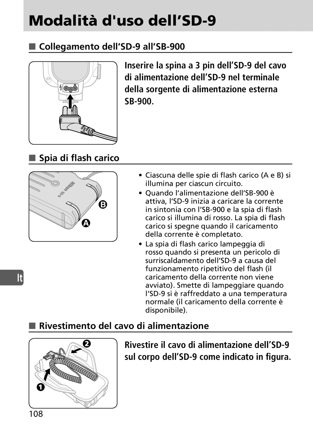 Nikon user manual Modalità duso dell’SD-9, Rivestimento del cavo di alimentazione 