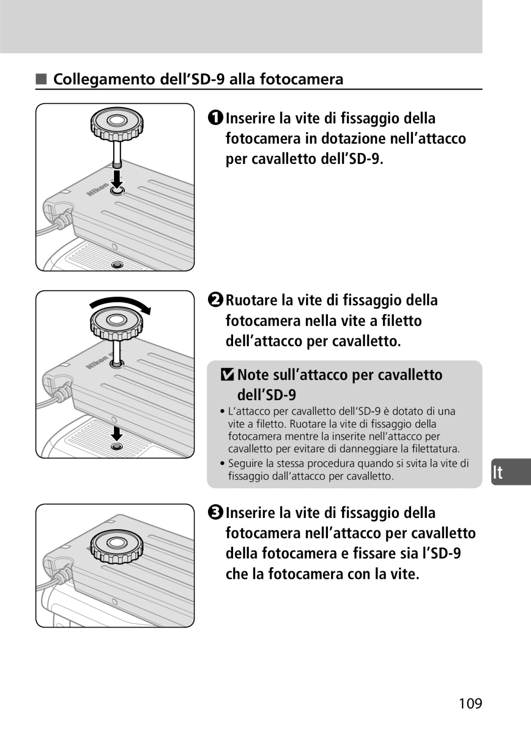 Nikon user manual Collegamento dell’SD-9 alla fotocamera 