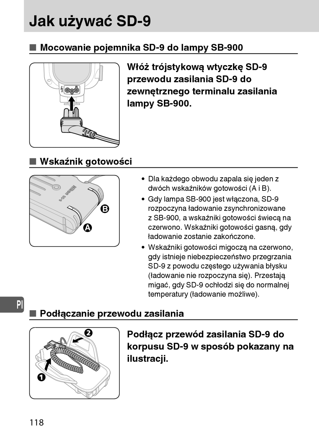 Nikon user manual Jak używać SD-9, Gdy lampa SB-900 jest włączona, SD-9 