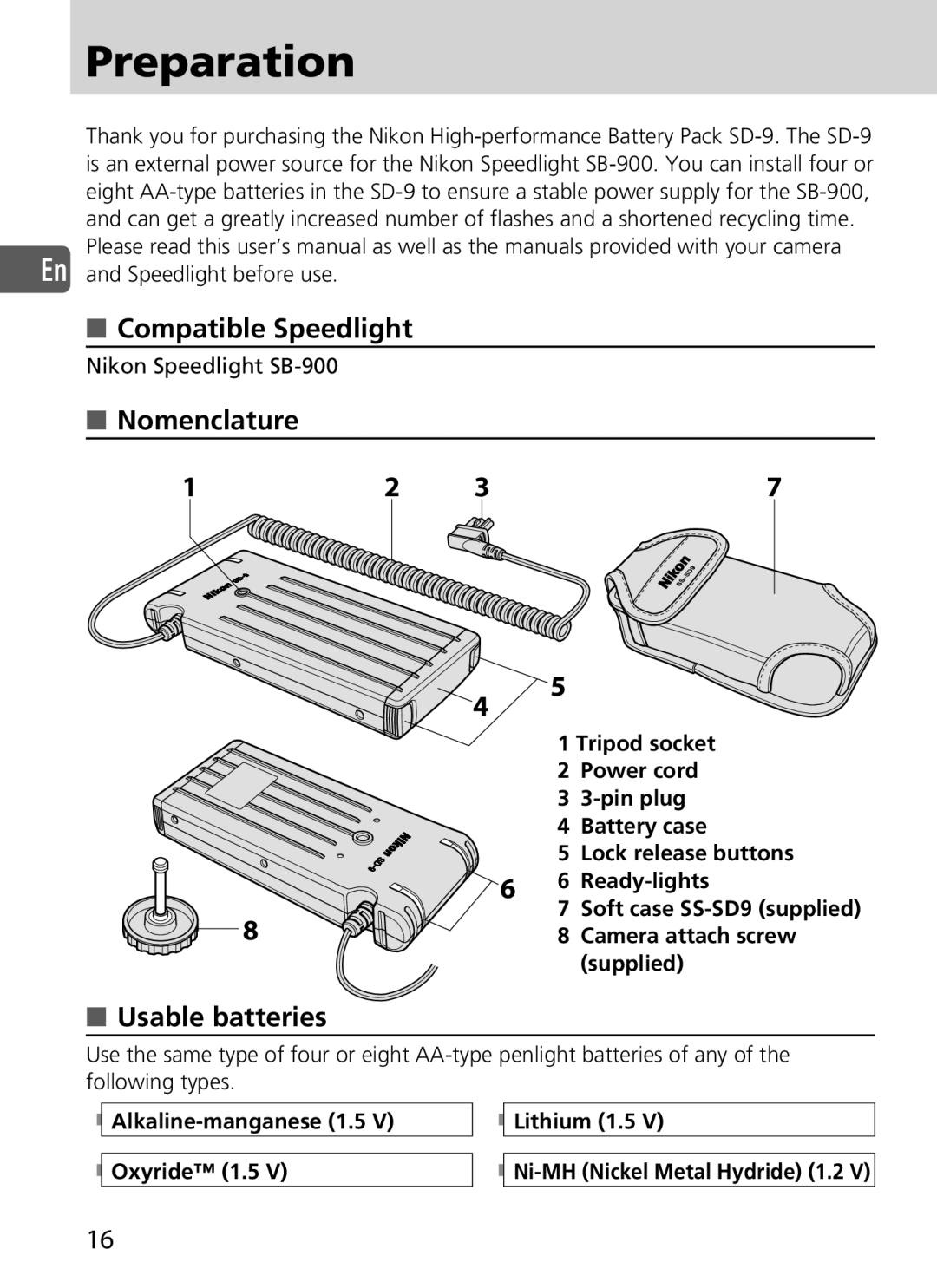 Nikon SD-9 user manual Preparation, Compatible Speedlight, Nomenclature Usable batteries 