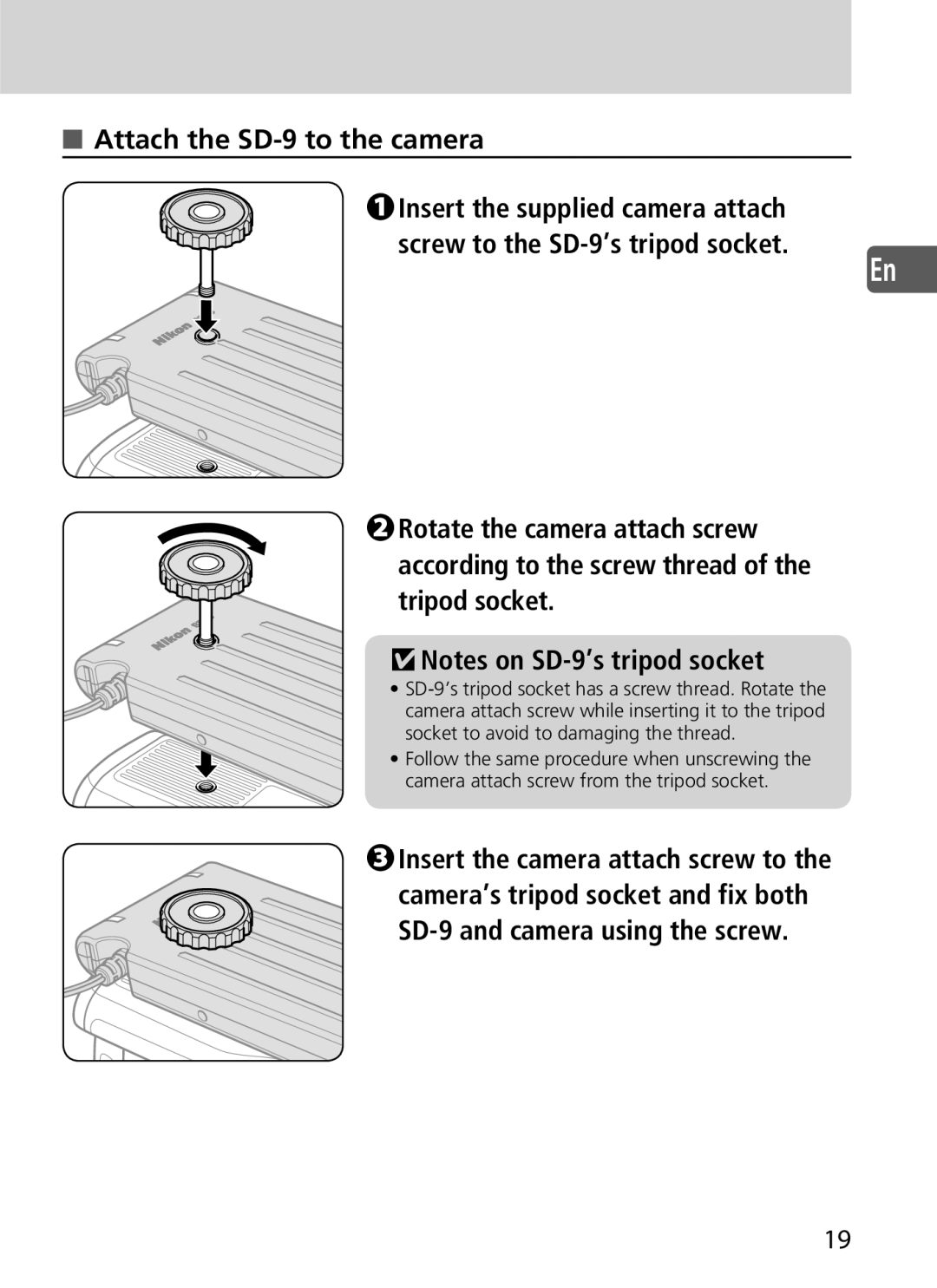 Nikon user manual Attach the SD-9 to the camera 