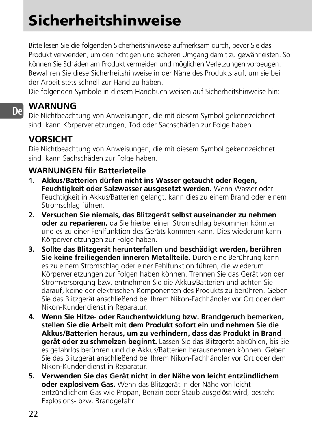 Nikon SD-9 user manual Sicherheitshinweise, Warnungen für Batterieteile 