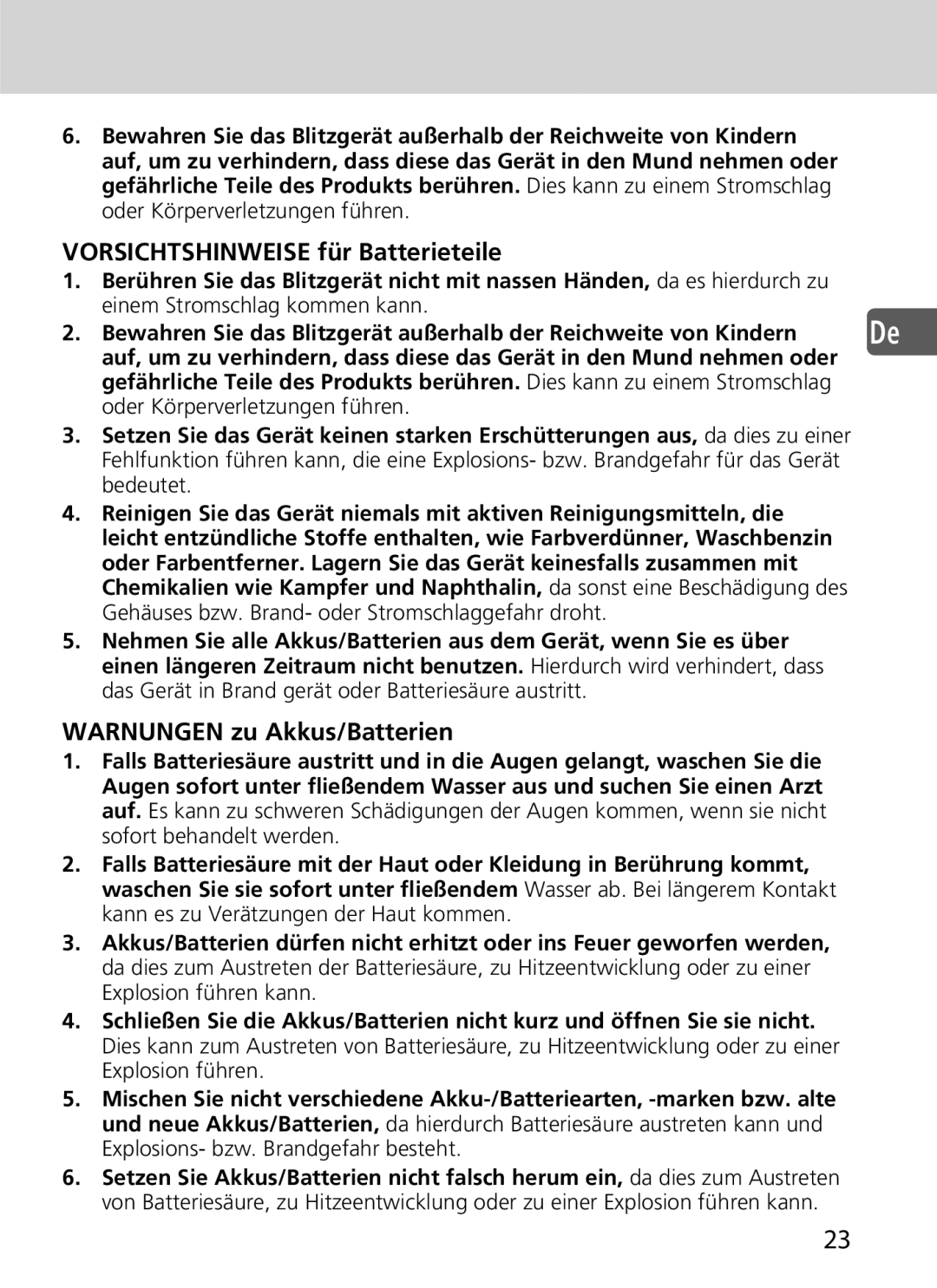 Nikon SD-9 user manual Vorsichtshinweise für Batterieteile, Warnungen zu Akkus/Batterien 