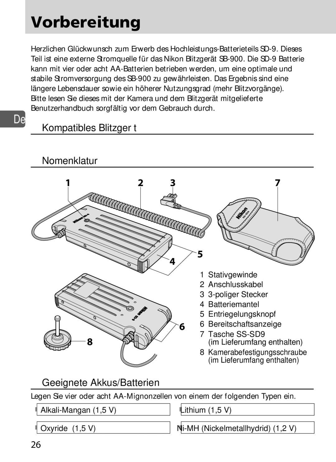 Nikon SD-9 user manual Vorbereitung, Kompatibles Blitzgerät, Nomenklatur, Geeignete Akkus/Batterien 