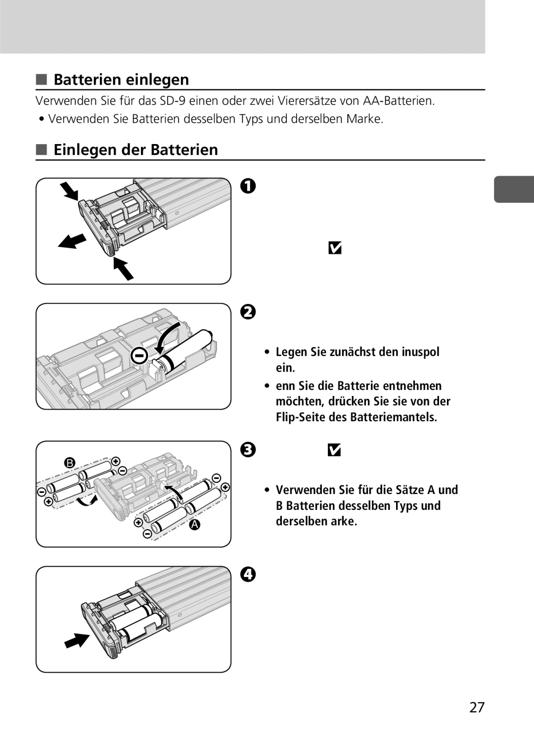 Nikon SD-9 user manual Batterien einlegen, Legen Sie vier oder acht Batterien ein 