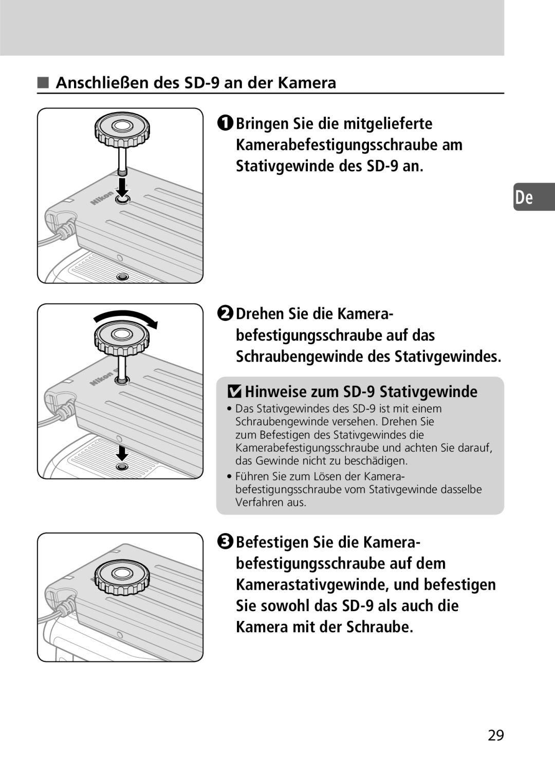 Nikon user manual Hinweise zum SD-9 Stativgewinde 