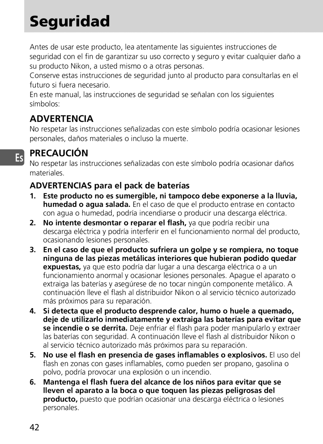 Nikon SD-9 user manual Seguridad, Es Precaución, Advertencias para el pack de baterías 