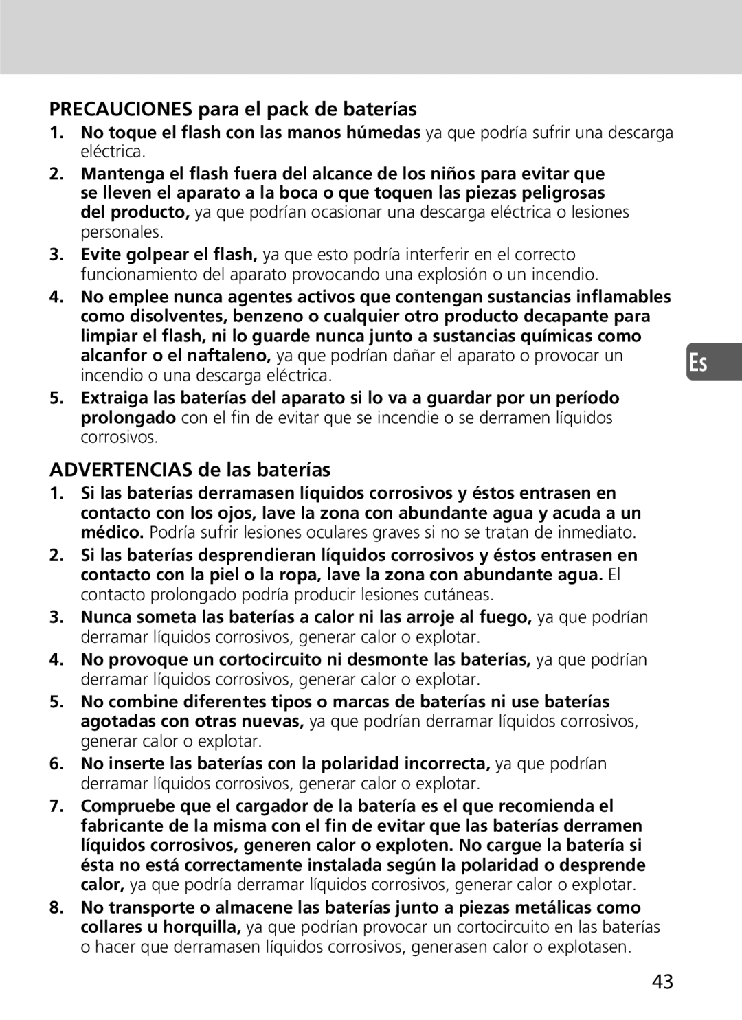 Nikon SD-9 user manual Precauciones para el pack de baterías, Advertencias de las baterías 