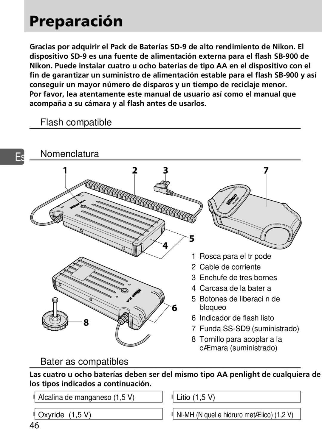 Nikon SD-9 user manual Preparación, Baterías compatibles, Es Nomenclatura 