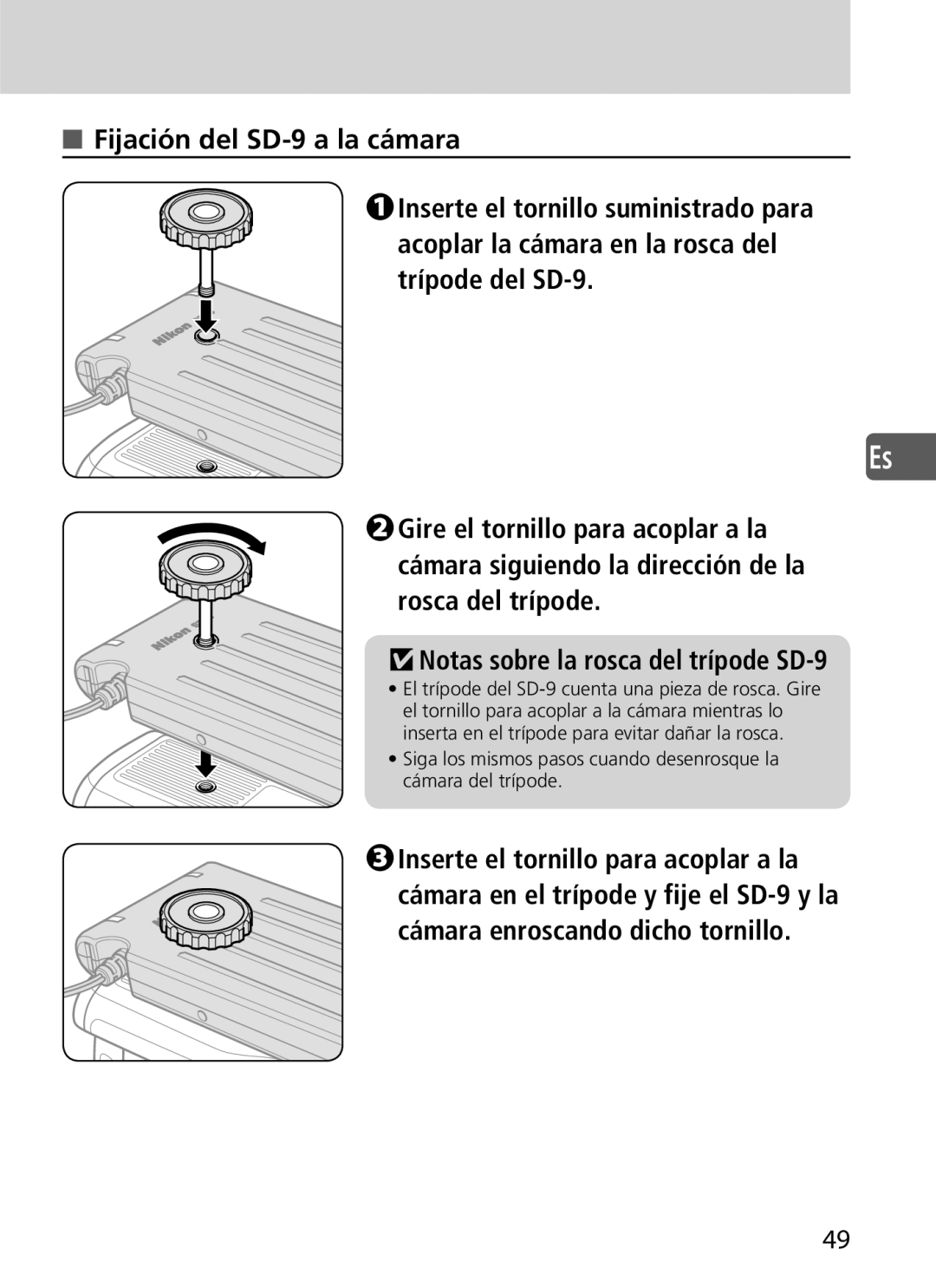 Nikon user manual Notas sobre la rosca del trípode SD-9 