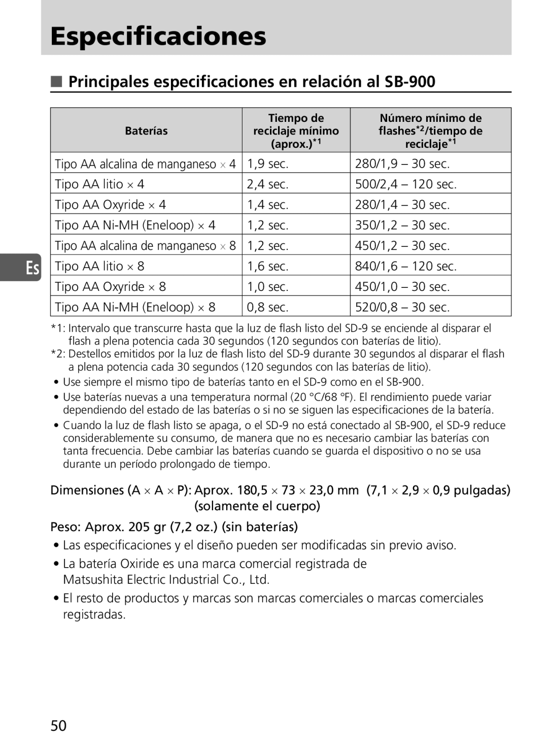 Nikon SD-9 user manual Especificaciones, Principales especificaciones en relación al SB-900 