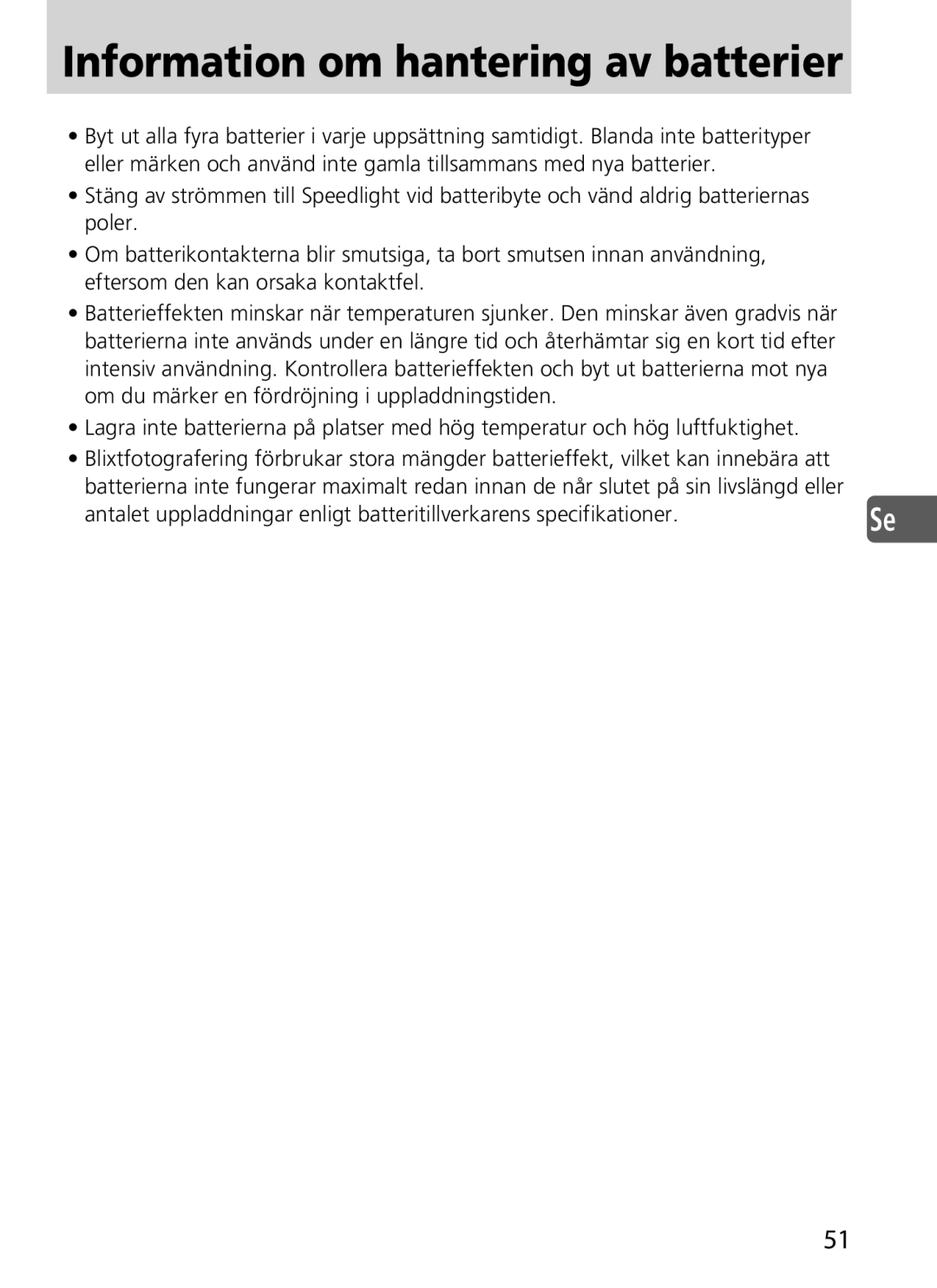 Nikon SD-9 user manual Information om hantering av batterier 