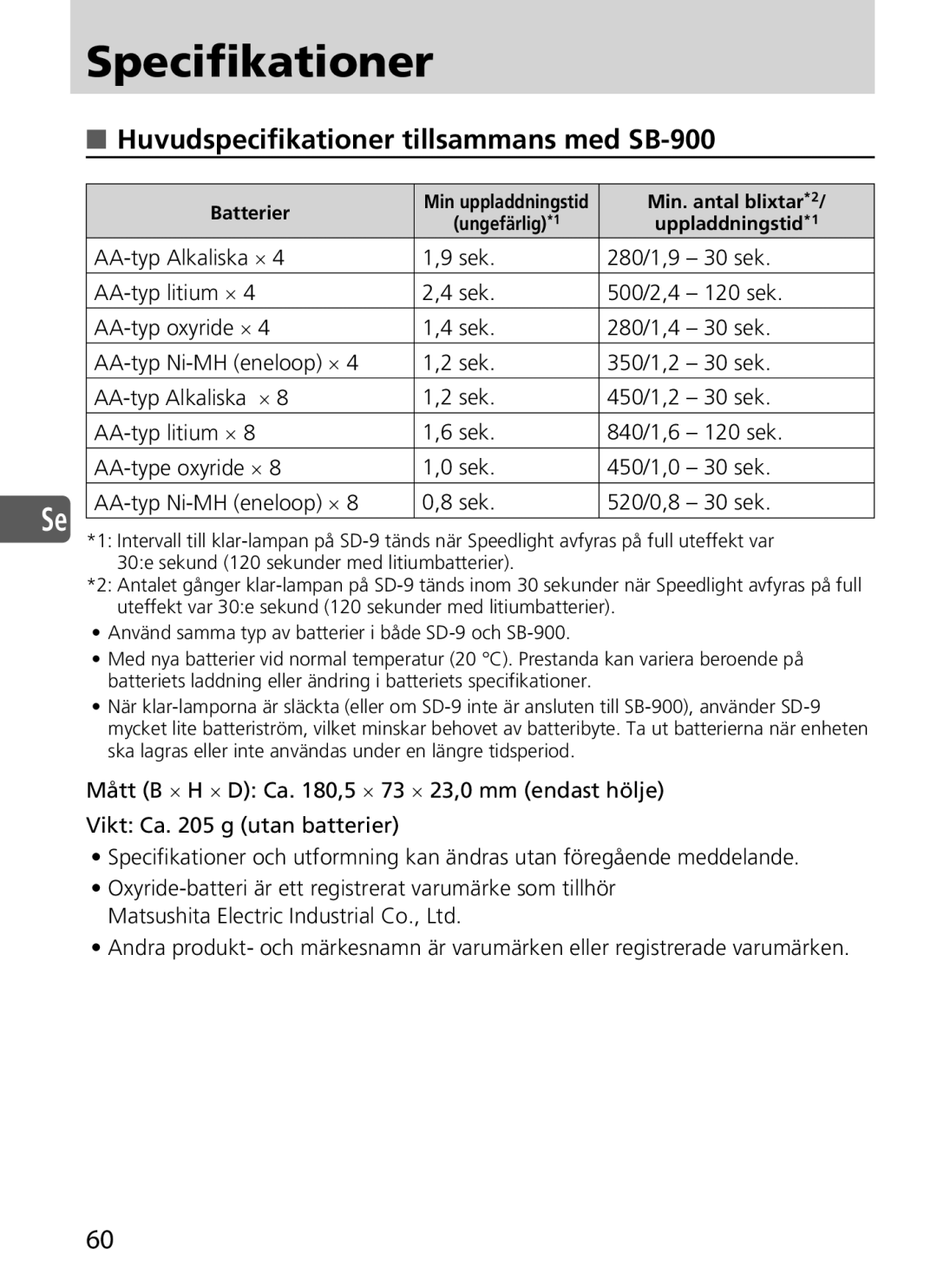 Nikon SD-9 user manual Specifikationer, Huvudspecifikationer tillsammans med SB-900 