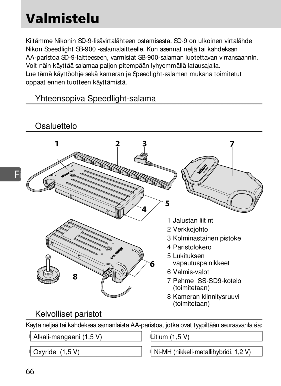 Nikon SD-9 user manual Valmistelu, Yhteensopiva Speedlight-salama, Osaluettelo, Kelvolliset paristot 