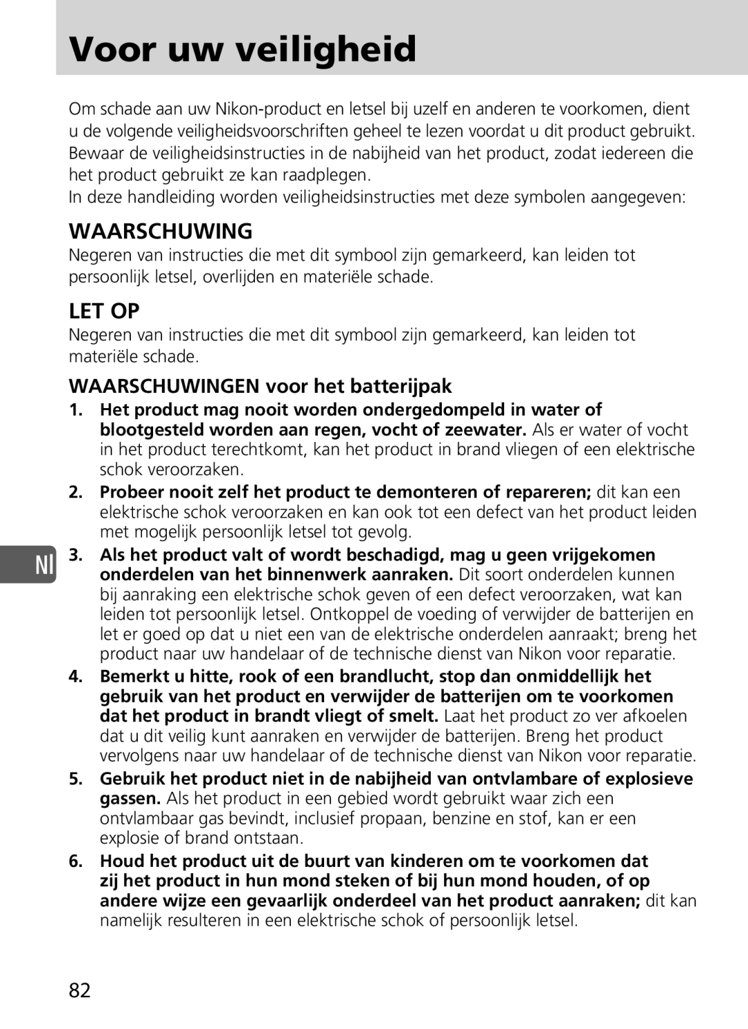 Nikon SD-9 user manual Voor uw veiligheid, Waarschuwingen voor het batterijpak 