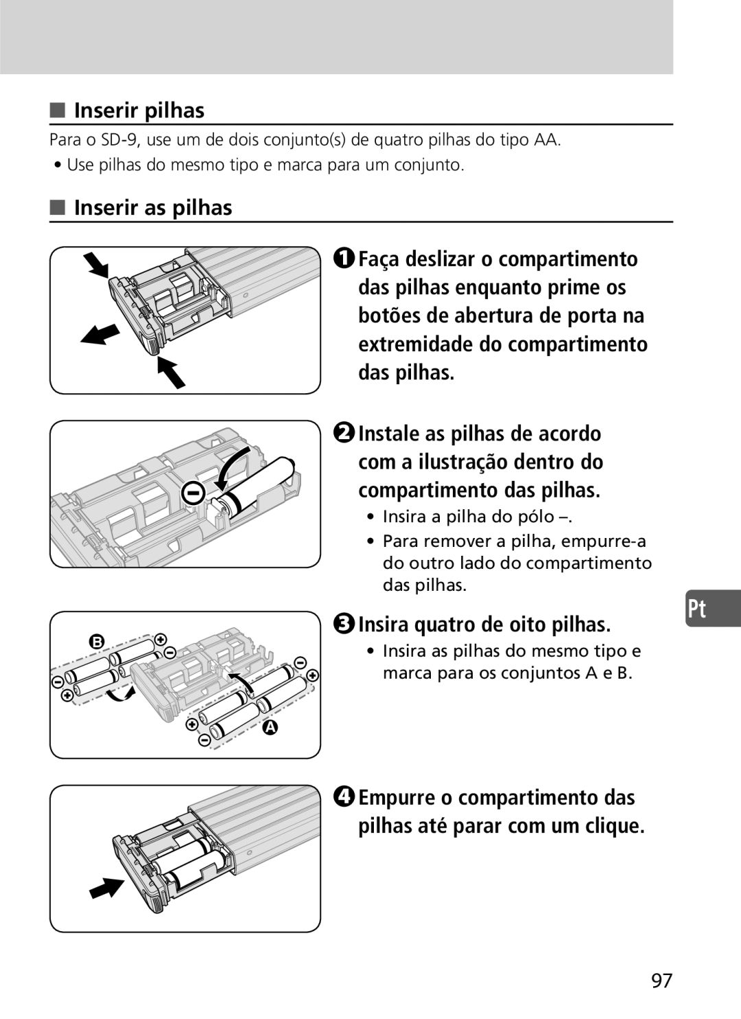 Nikon SD-9 user manual Inserir pilhas, Inserir as pilhas, Insira quatro de oito pilhas 