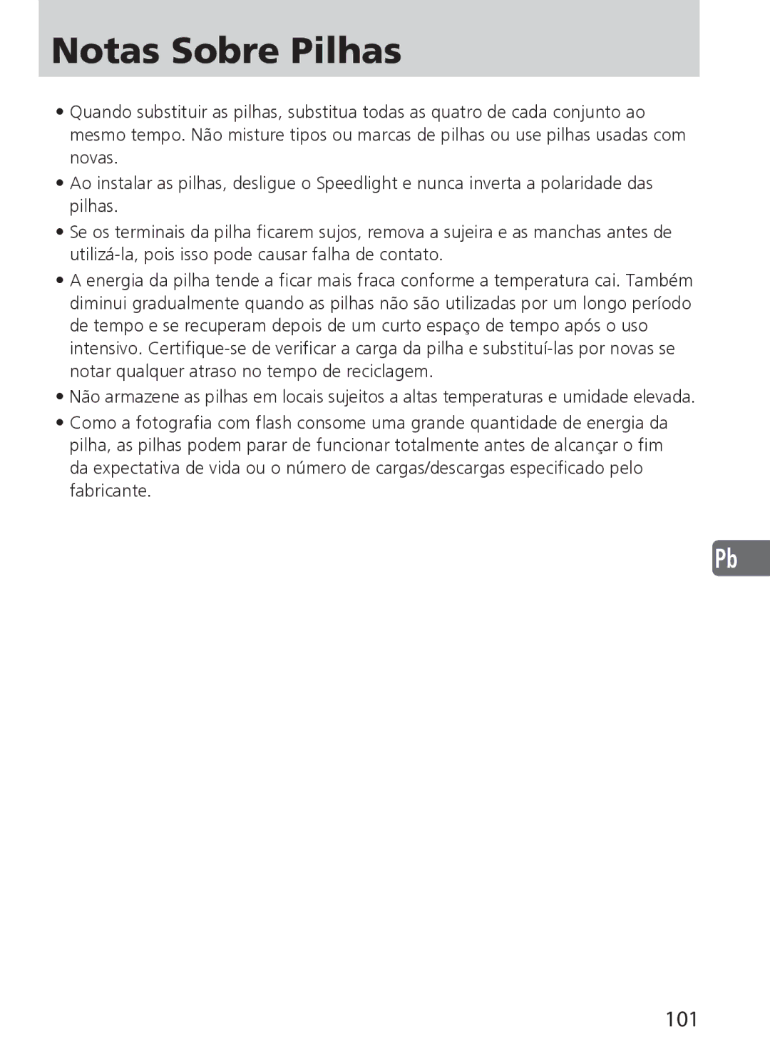 Nikon SD-9 user manual Notas Sobre Pilhas, 101 