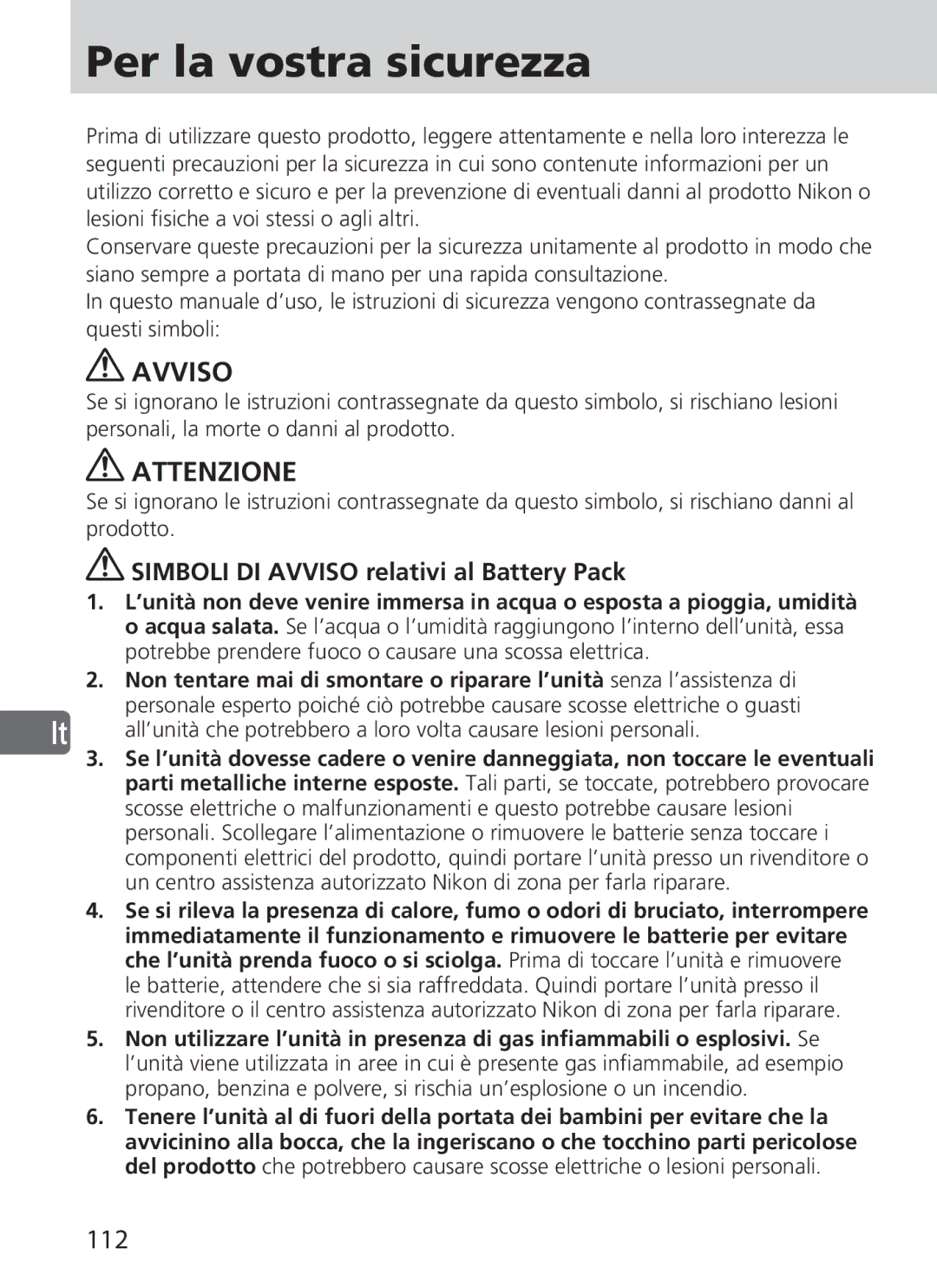 Nikon SD-9 user manual Per la vostra sicurezza, Attenzione, 112, Simboli DI Avviso relativi al Battery Pack 