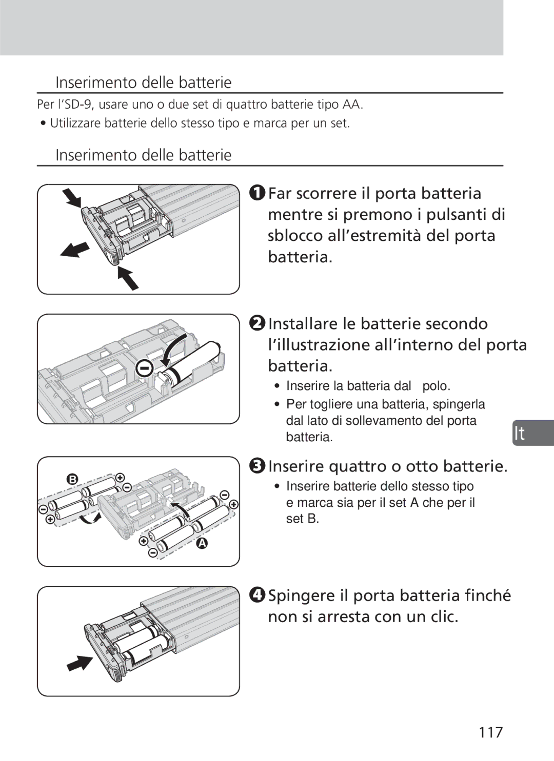 Nikon SD-9 Inserimento delle batterie, Inserire quattro o otto batterie, 117, ’illustrazione all’interno del porta 