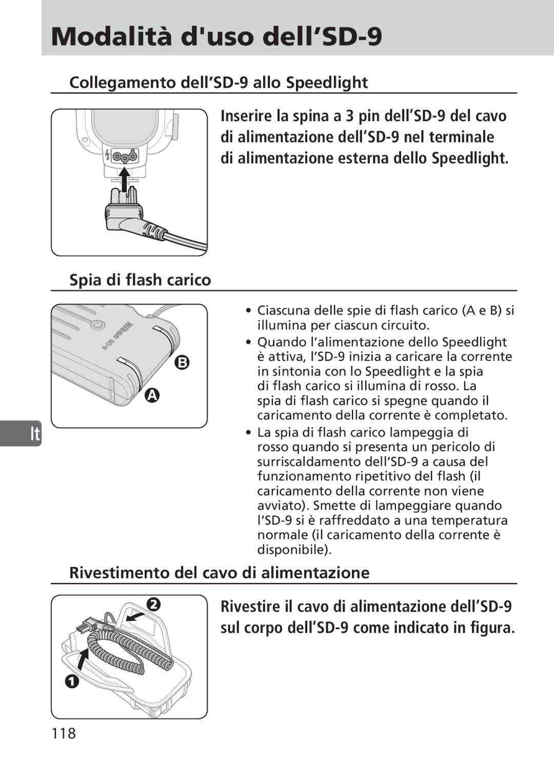 Nikon user manual Modalità duso dell’SD-9, Collegamento dell’SD-9 allo Speedlight, Spia di flash carico, 118 