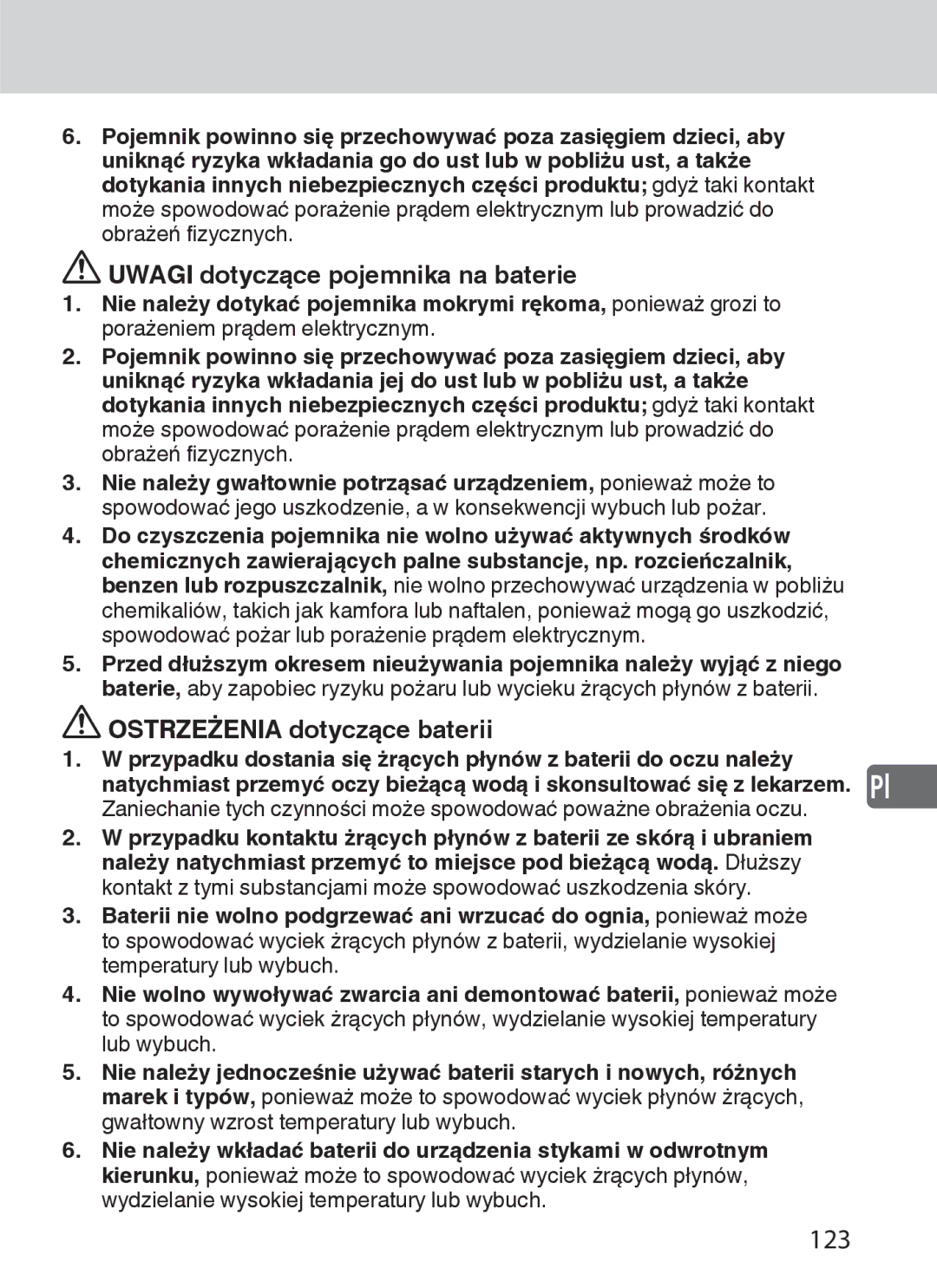 Nikon SD-9 user manual 123, Uwagi dotyczące pojemnika na baterie, Ostrzeżenia dotyczące baterii 