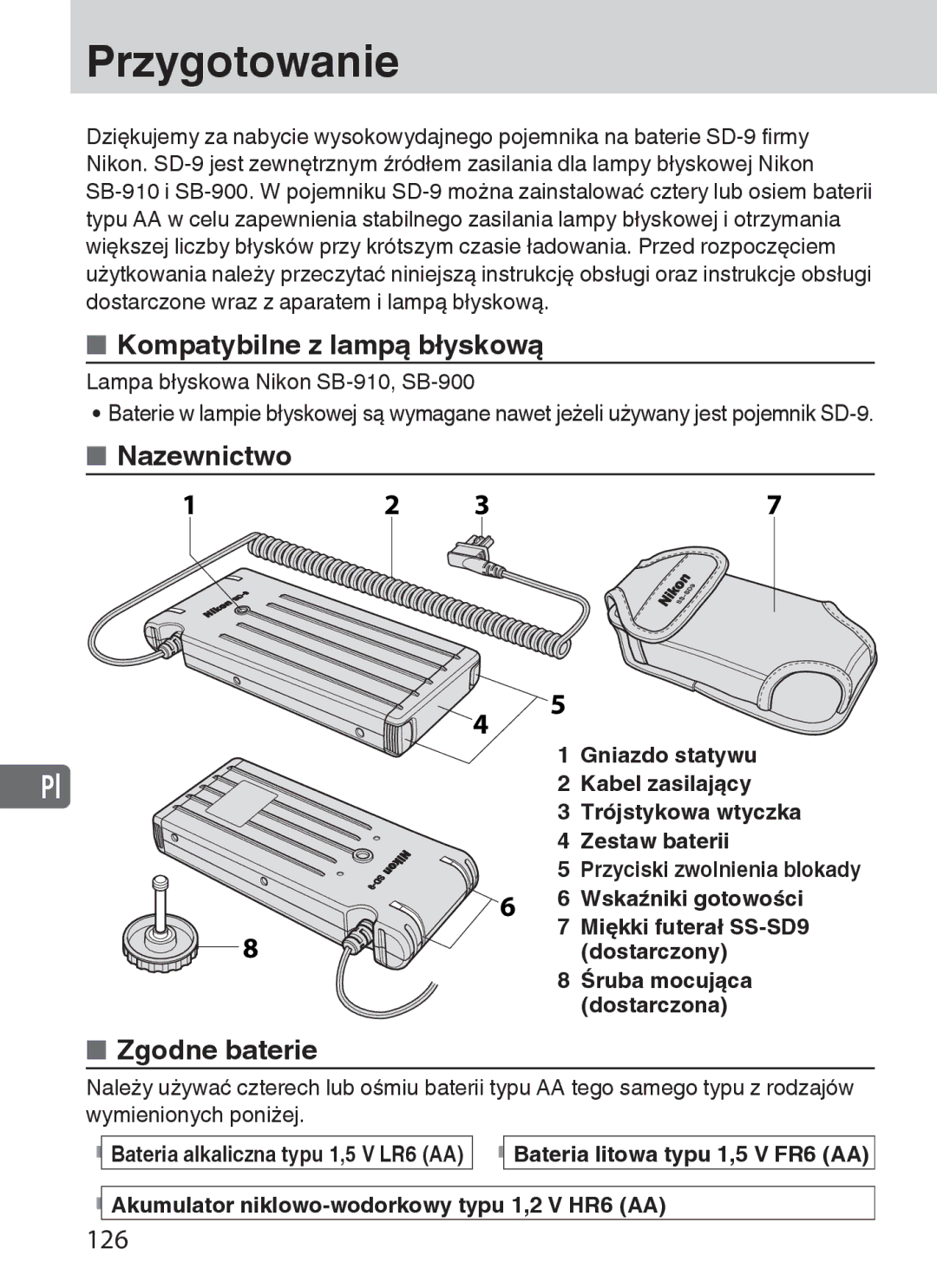 Nikon SD-9 user manual Przygotowanie, Kompatybilne z lampą błyskową, Nazewnictwo, Zgodne baterie, 126 