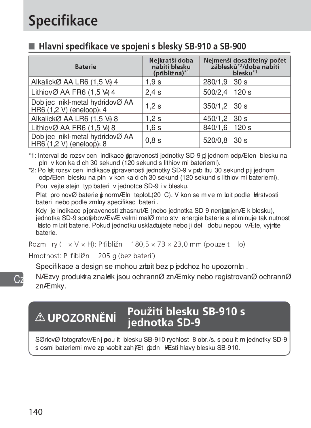 Nikon user manual Specifikace, Jednotka SD-9, Hlavní specifikace ve spojení s blesky SB-910 a SB-900, 140 