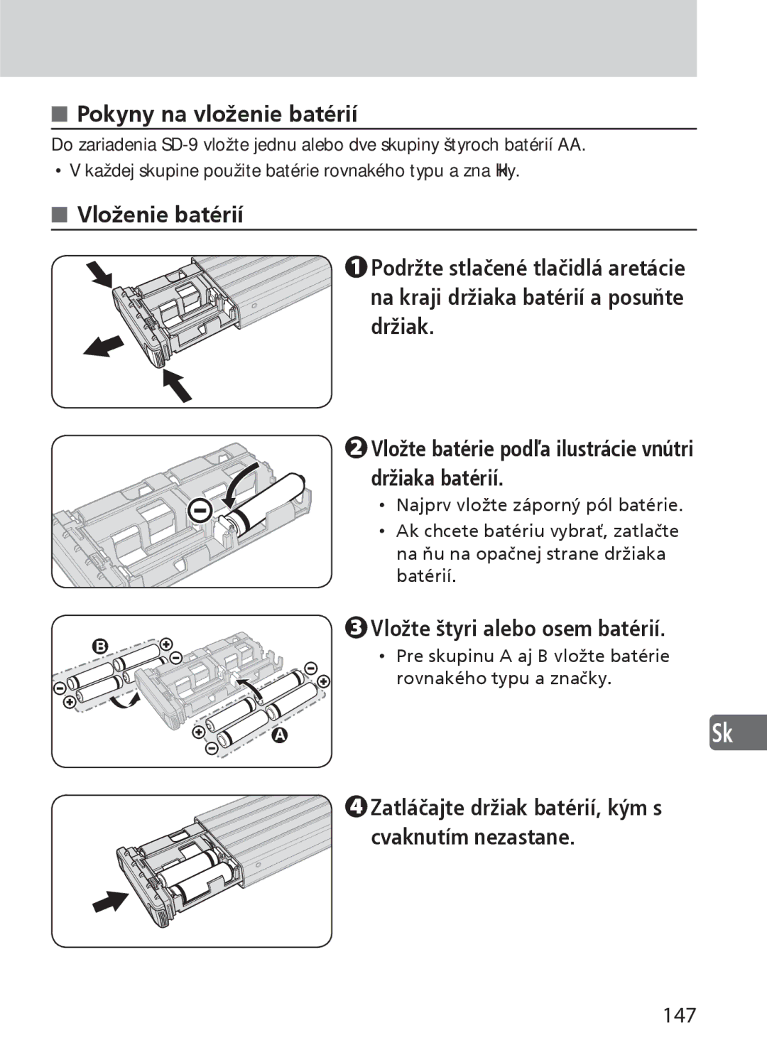 Nikon SD-9 user manual Pokyny na vloženie batérií, Vložte štyri alebo osem batérií, 147 