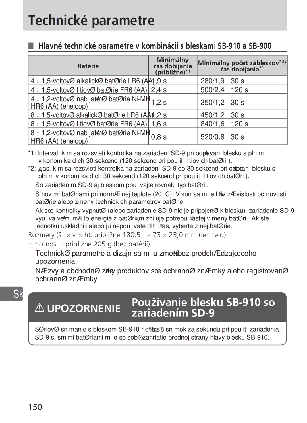 Nikon user manual Technické parametre, Zariadením SD-9, 150, 350/1,2 30 s HR6 AA eneloop, 520/0,8 30 s HR6 AA eneloop 