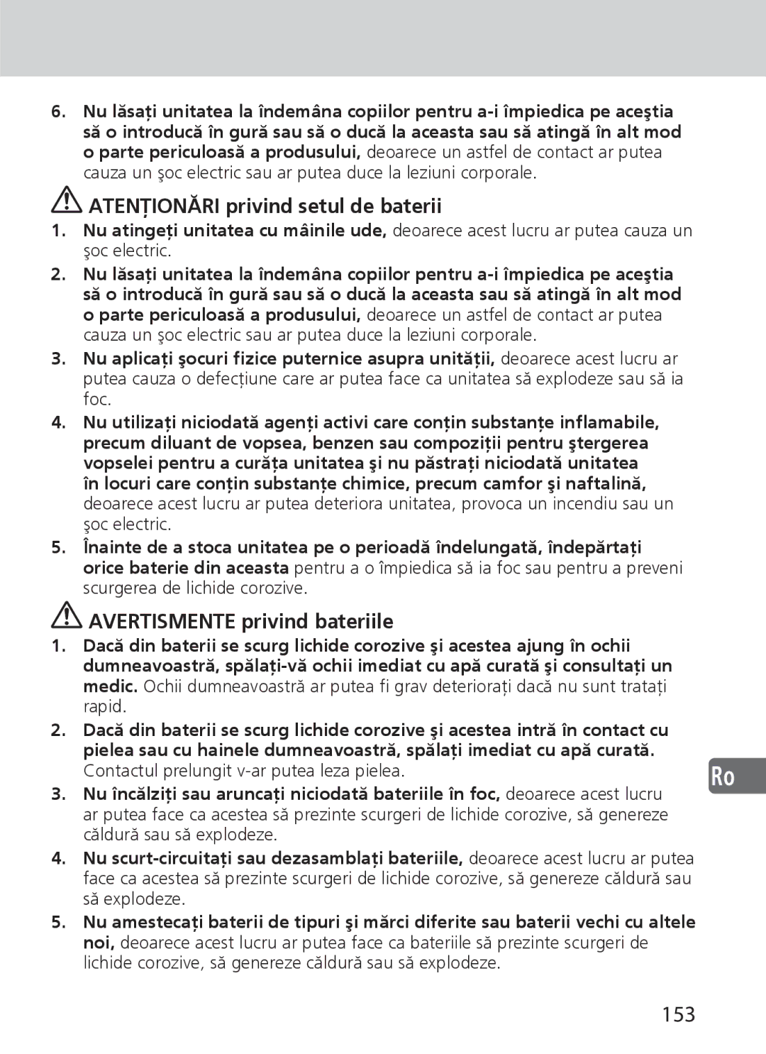 Nikon SD-9 user manual 153, Atenţionări privind setul de baterii, Avertismente privind bateriile 