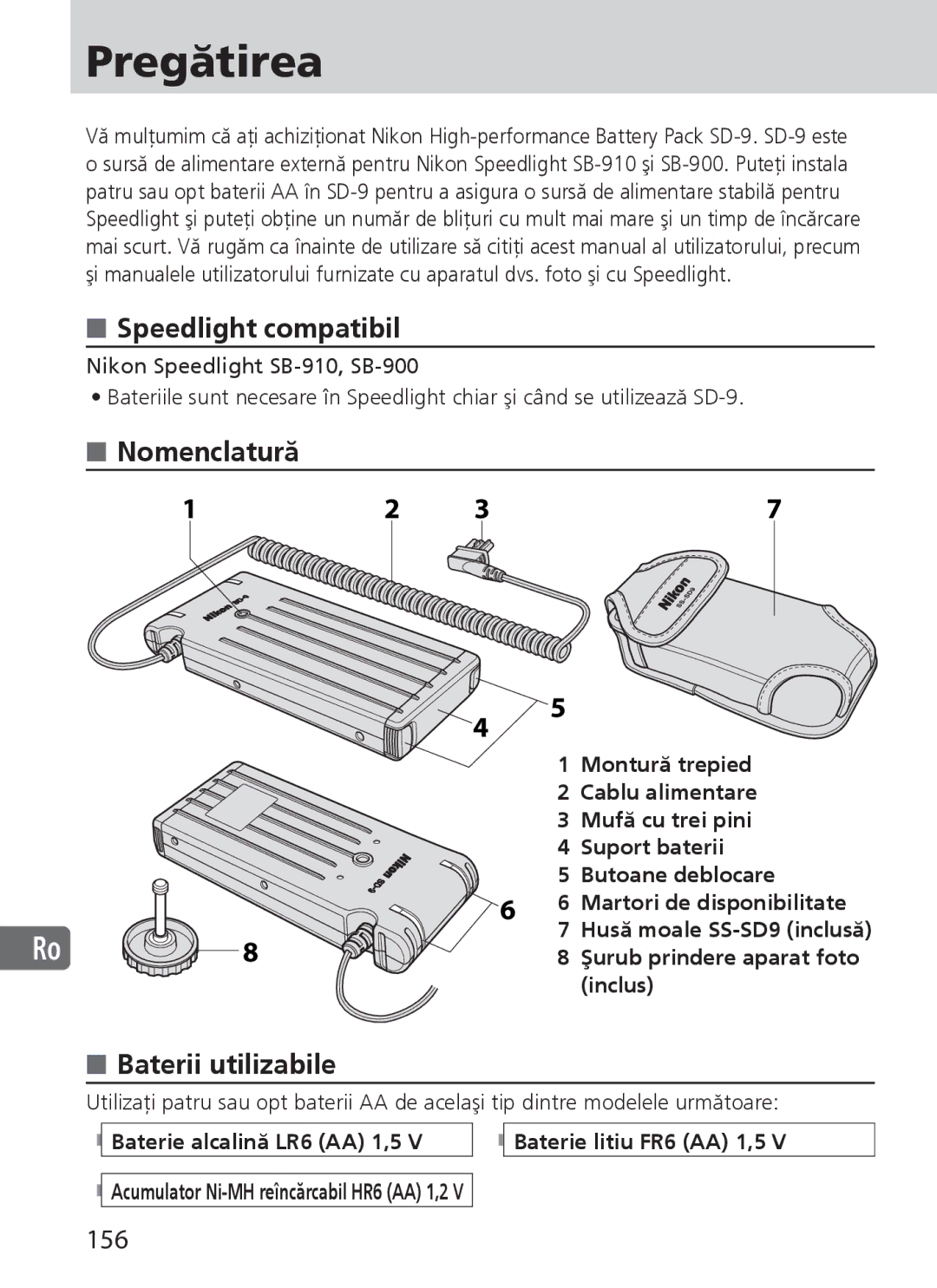 Nikon SD-9 user manual Pregătirea, Speedlight compatibil, Nomenclatură, Baterii utilizabile, 156 